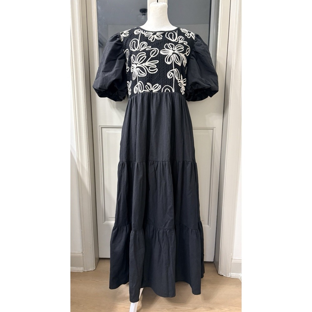 In February Embroidered Maxi Dress Size Large Pockets Cotton Puff Sleeves  Lined